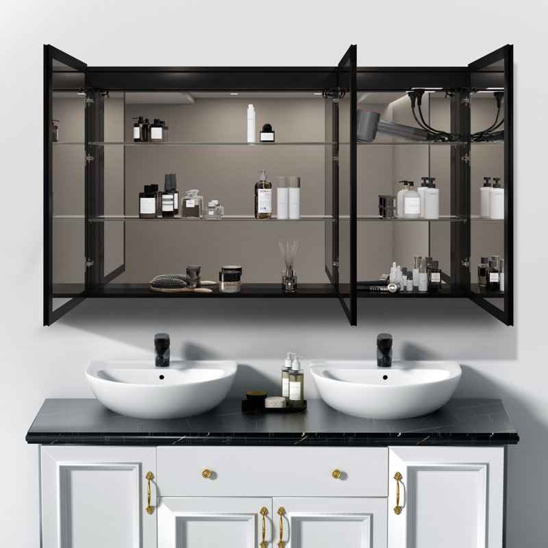 Pharmacie moderne à DEL 60 po x 32 po avec miroir, désembueur et tablettes réglables en verre, grand espace de rangement, encastré ou en surface, conception sans cadre noir
