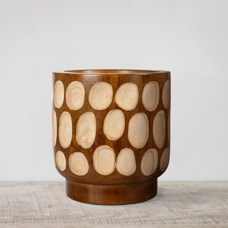 Hand-Carved Wood Planter with Dots, Walnut