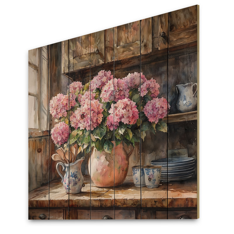 Hydrangeas In The Farm Kitchen In Pottery Vase I - Hydrangea Wood Wall Decor - On Natural Pine Wood, 25" H x 25" W x 0.78" D