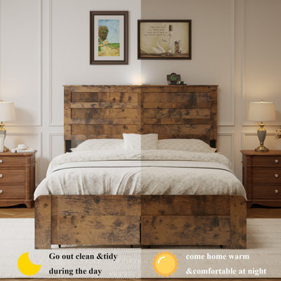 Full Size Wooden Platform Bed Frame with 2 Storage Drawers & USB Charging Headboard, Metal Slats, No Box Spring, Dark Brown