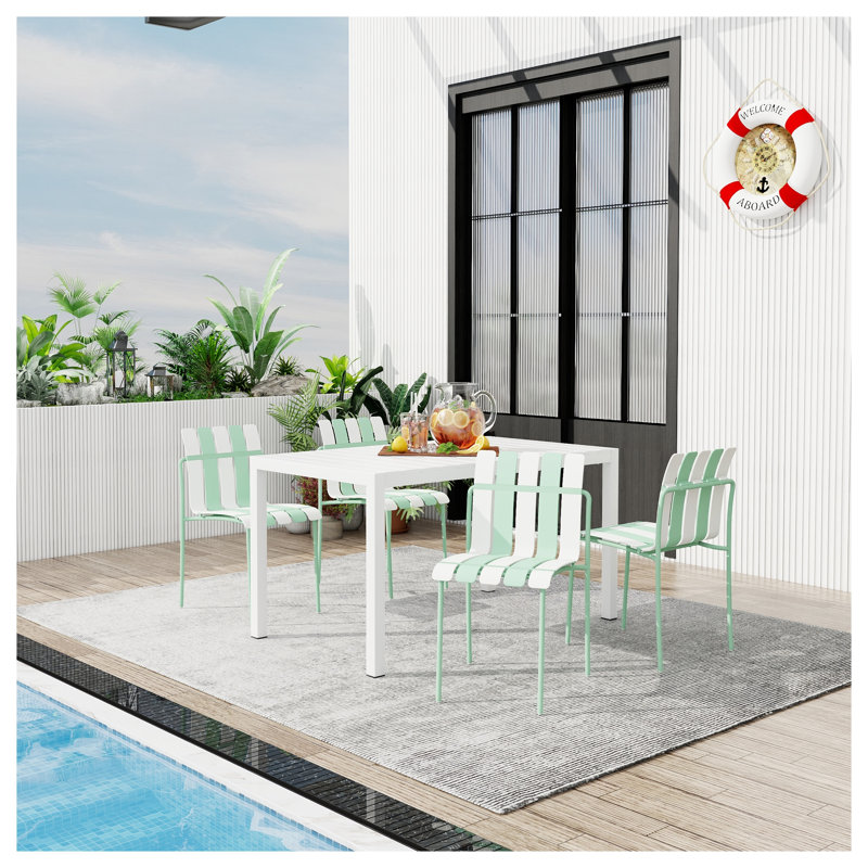 Ensemble de 4 chaises de salle à manger d'extérieur à rayures modernes en blanc crème et vert brume