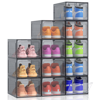 Thicker & Sturdier Shoe Boxes - 12 Pack Black Clear Plastic Foldable Storage Organizer with Magnetic Door, Reinforced Heavy-Duty Design for Sneakers, Toiletries & Accessories, 13.2"x9.8"x7.3"