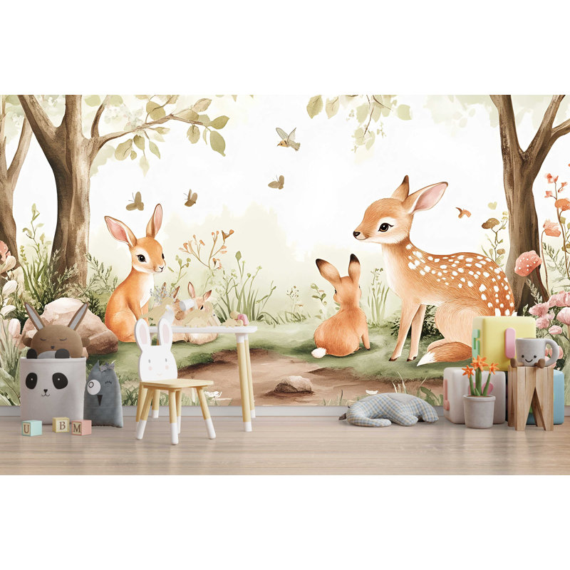 Papier peint chambre d'enfant Woodland Deer Bunny, L 144 po x l 100 po, Non tissé