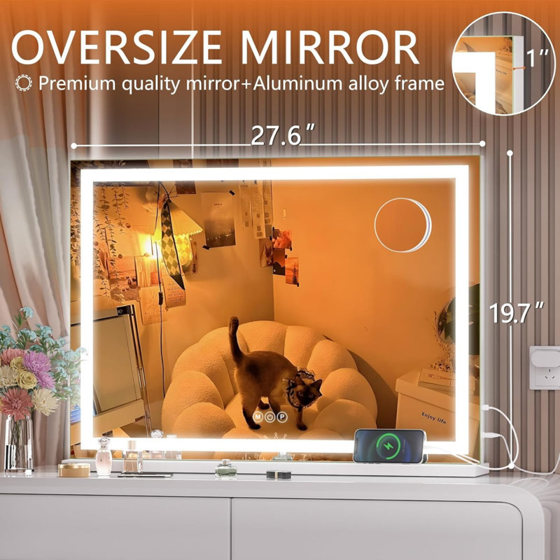 28" X 20" Square LED Lighted Makeup Vanity Mirror With 3 Dimmable Color Modes, Touch Screen Control, Wall Mounted Or Tabletop, White Finish