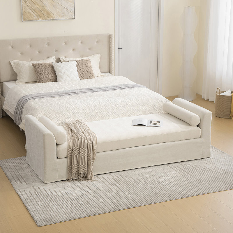 Large banc moderne, banc de bout de lit avec accoudoirs, canapé méridienne en chenille avec 2 traversins, convient aux salons, aux entrées, aux dortoirs et aux chambres à coucher