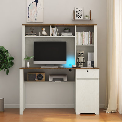 Computer Desk With Hutch & Bookshelf, Executive Desk Teens Student Desk Writing Laptop Home Office Desk With Drawers,3 AC Outlets And 2 USB Charging Ports,Study Laptop Table For Home