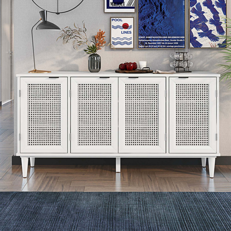 Grand buffet avec rangement en rotin artificiel et poignée de porte discrète, Blanc
