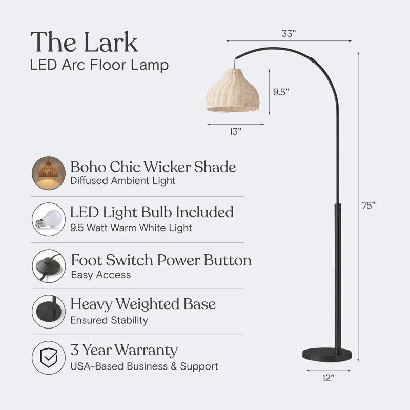 Lark 75" Modern Boho LED Arc Floor Lamp in Black with Hanging Rattan Shade, Matte Black