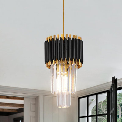 Luminaire suspendu en aluminium et cristal à 3 niveaux avec hauteur réglable, finition noire et dorée