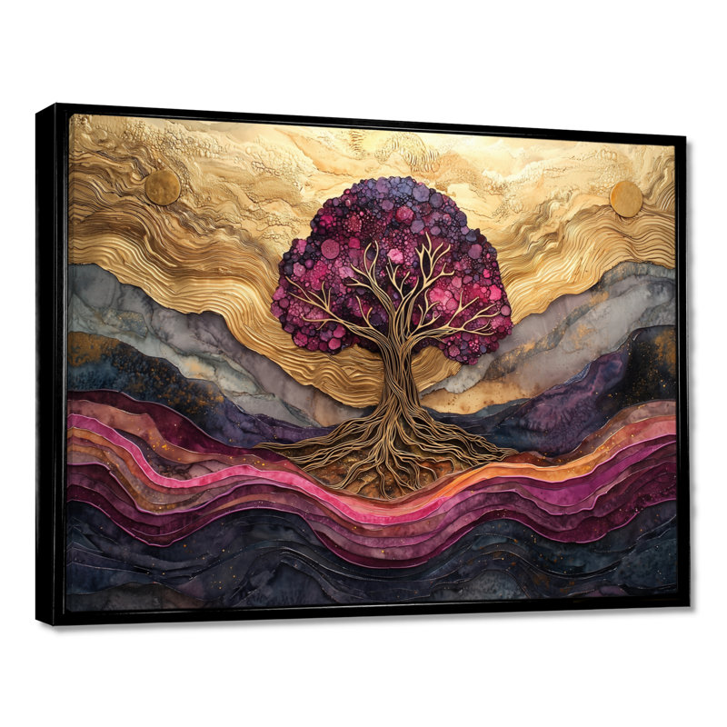 Burgendy Tree Of Life On Stone River II - Tree Of Life Wall Art for Living Room, 30" H x 40" W, Floater Framed Print, Black
