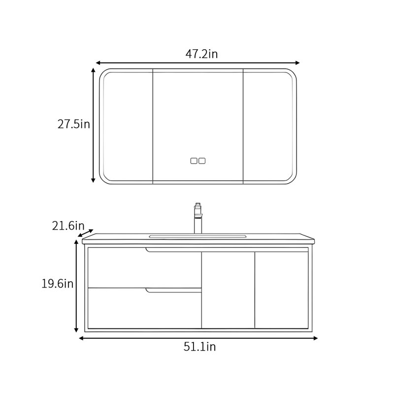 Minimalist retro style bathroom cabinet, 19.6" H x 51.1" W x 21.6" D