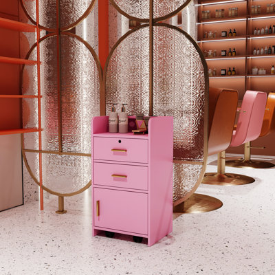 Armoire de beauté spacieuse rose avec 2 tiroirs et 1 support de salon intérieur polyvalent