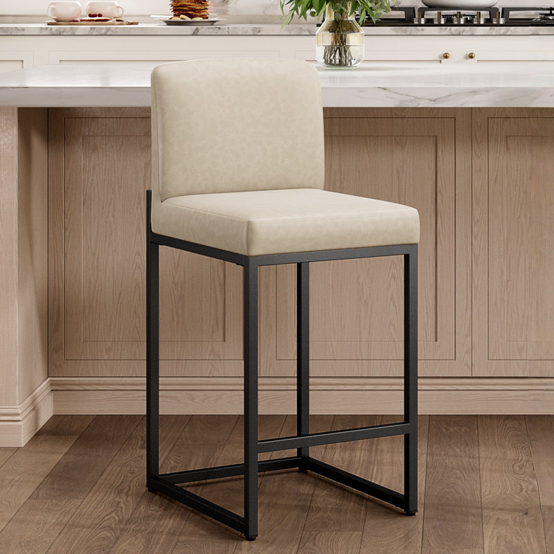 Tabouret de comptoir de cuisine moderne 24 po avec base de traîneau en métal noir et similicuir noir (ensemble de 2), Noir, 2