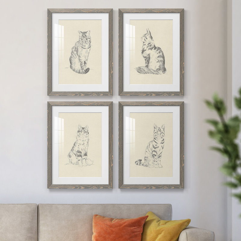 House Cat I - ensemble de 4 reproductions de cadres photo, Gris, H 20 po x l 68 po x P 1,5 po