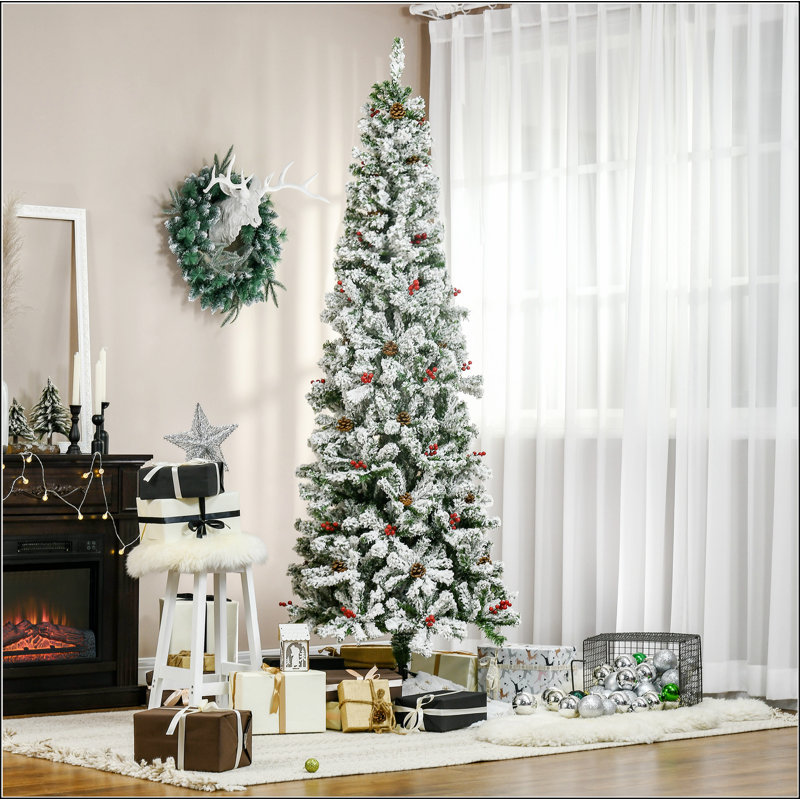 Arbre de Noël artificiel enneigé 9 pi avec branches de pin réalistes, pommes de pin, baies rouges, ouverture automatique, vert