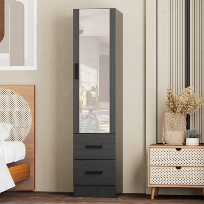 Wardrobe Armoire Closet With 2 Drawers And Mirror On The Door That Can Open From Either The Left Or Right. by Ebern Designs