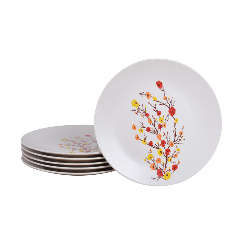 Ensemble de 6 assiettes élégantes en céramique (6 pièces), 10,2 po | 100% lavable au lave-vaisselle et au micro-ondes, blanc éclatant, rouge, jaune et brun | Parfait pour les réunions de famille, les fêtes et les repas de tous les jours