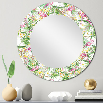Miroir mural moderne feuillage tropical, fleurs jaunes avec flamant II
