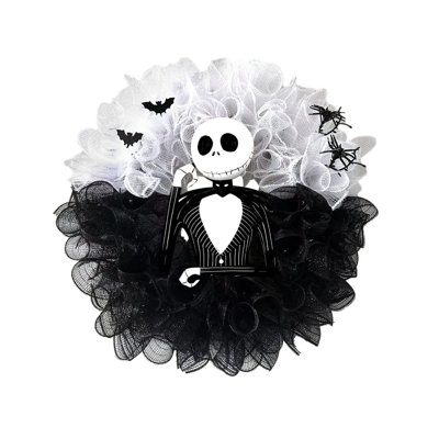 Couronne d'Halloween Jack Skellington de 40 cm, couronne en maille noire et blanche pour porte d'entrée avec décorations de chauve-souris et d'araignée, décoration L'Étrange Noël de Monsieur Jack