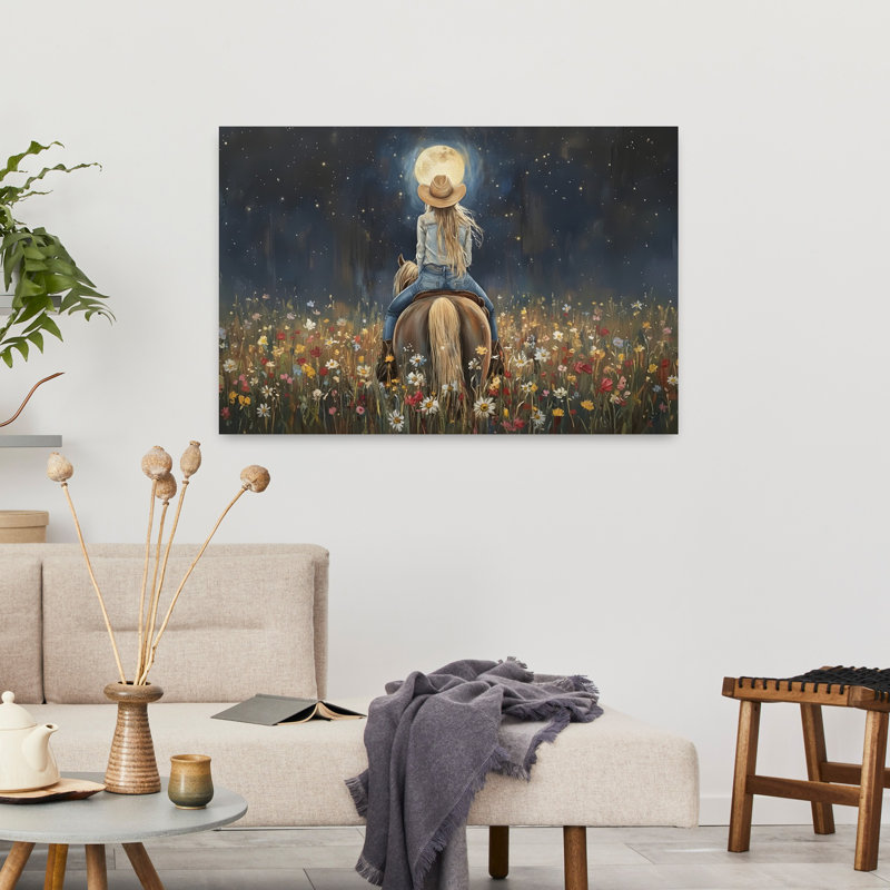 «Cowgirl», oiseau abstrait, cerise, cheval, fleur, forêt, art mural, H 36 po x l 24 po
