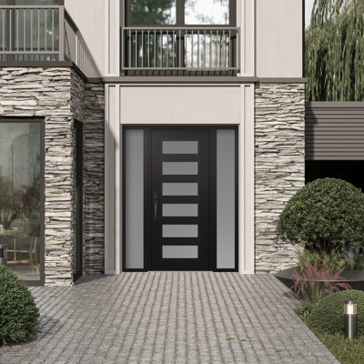 C9 60 po à droite X 80 po Panneau en acier noir et verre givré noir et blanc avec 2 portes d'entrée en verre givré prémontées