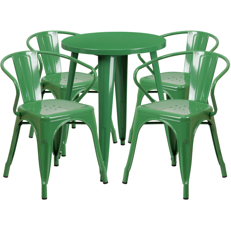 Cordele 24'' Round Metal Indoor-Outdoor Table Set with 4 Arm Chairs, Green, 29.50" H x 30" W x 30" L