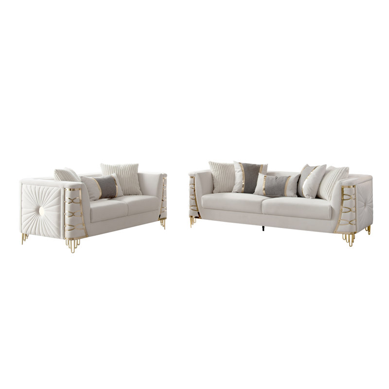 Ensemble de meubles de salon Aurelia Modern Glam avec garniture en acier inoxydable doré, sièges à ressorts ensachés et coussins décoratifs assortis