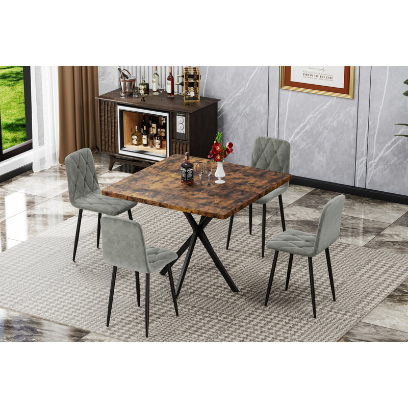 Table de salle à manger carrée 38,6 po, Mid-Century moderne, tableau brun, pieds en fer, peu encombrant, facile à installer et à nettoyer pour la pièce, 38,6 po x 30,2 po, + fer, assembler