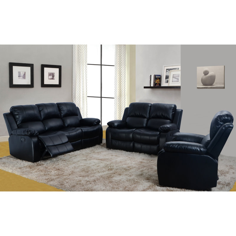 Hartranft 3 Piece Faux Leather Reclining Living Room Set, Black Faux Leather