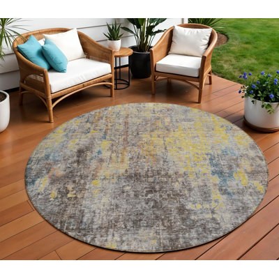 Tapis d'intérieur rond lavable abstrait brun et doré 8 pi