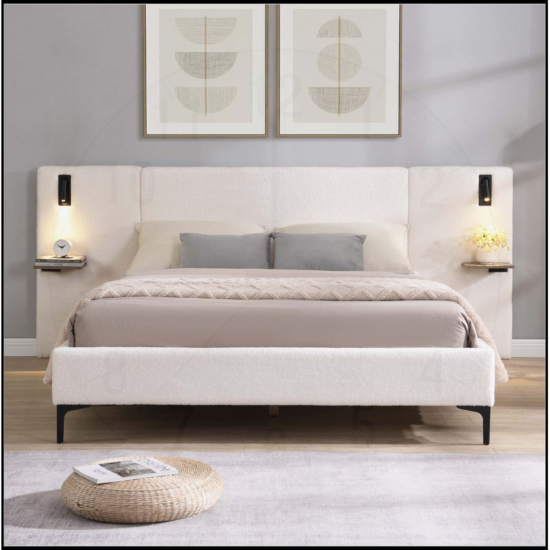 Lit tapissier chic en lin avec lumières et tablettes intégrées, gris, grand lit, Très grand, gris