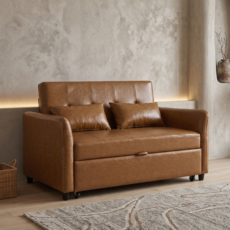 Canapé-lit convertible avec lit gigogne, ports USB, revêtement en cuir PU et design compact, Brown