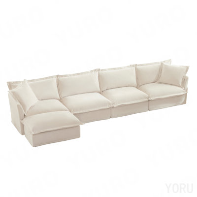 Slipcovered L Shape Sectional Long Sofa Couch, 4 Seater Sofa With Suppleness Armrests, Chenille Deep Seat Sofa With 2 Big Pillows, Comfy Couch For Liv