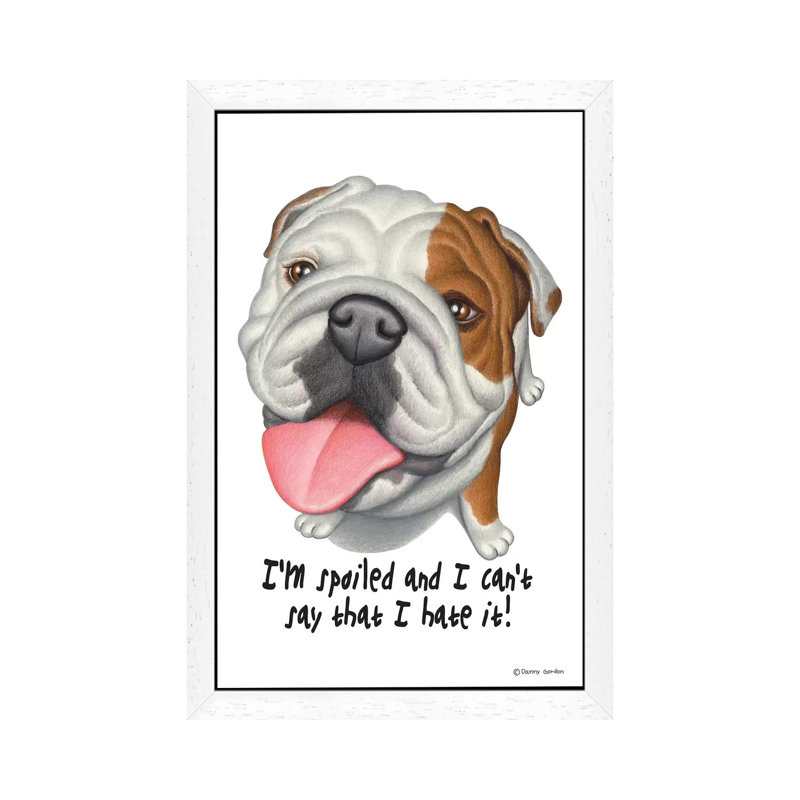 Bulldog With Sign - Print on Canvas, 101.6 cm H x 66.04 cm W, White Floater Framed