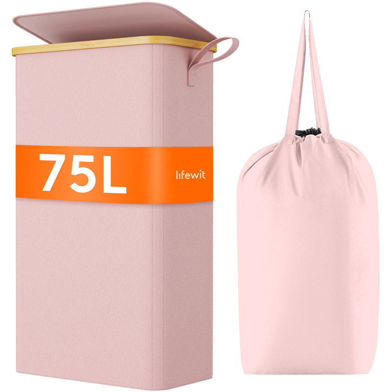 75l Slim Laundry Hamper With Lid, Narrow Laundry Basket With Removable Bag & Bamboo Handles, Fodable Thin Dirty Clothes Hamper For Laundry Collapsible Bin For Bathroom Bedroom Dorm,