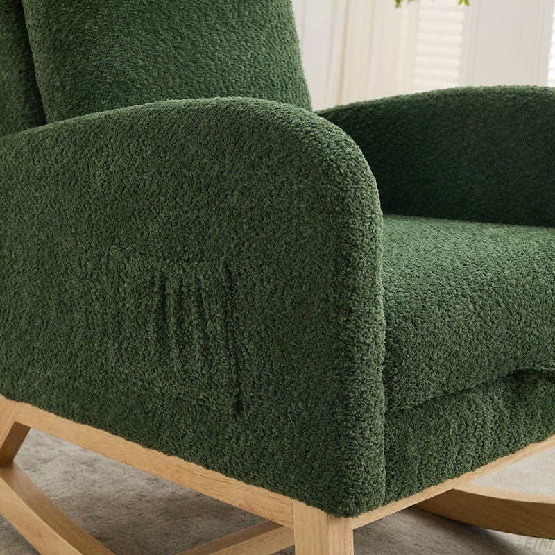 Lace Boucle Upholstered Rocking Chair with Retractable Footrest, Green