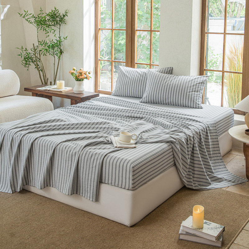 100% Washed Cotton Bedding Sheet Set 4 Pieces,1 Fitted Sheet,1 Flat Sheet and 2 Pillowcases,Comfy Textured Sheet Set