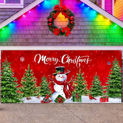7X16 FT Christmas Garage Door Cover With Snowman Design, Large Weather-Resistant Outdoor Banner For Winter Holiday Decor, Easy Hang Xmas Backdrop