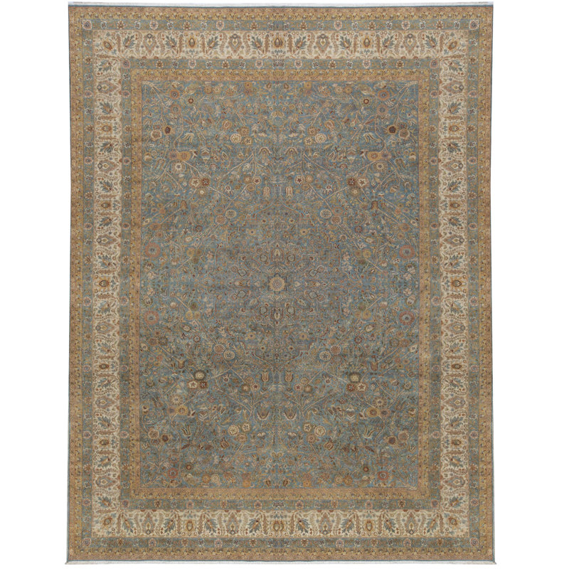 Tapis bleu clair et beige noué à la main de haute qualité