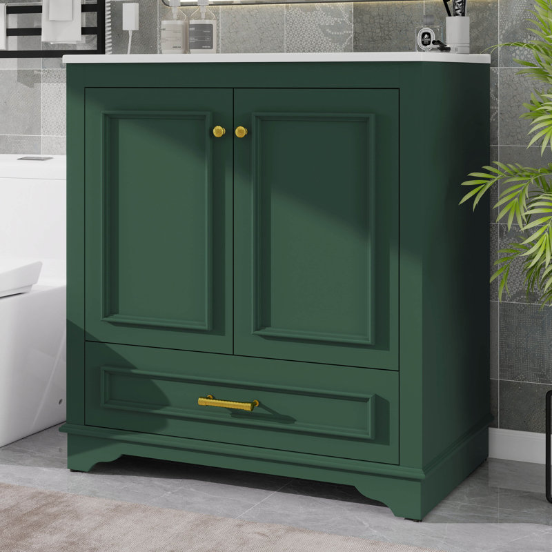 Meuble-lavabo autoportant de 30 po avec lavabo, meuble de rangement pour salle de bain avec portes à fermeture douce et tablette réglable, tiroir