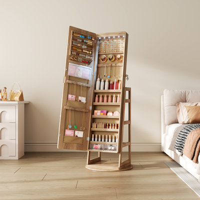 360° Swivel Jewelry Cabinet, Lockable Jewelry Armoire with Full-Length Mirror