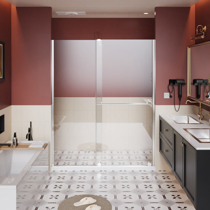 Glass Shower Door, 30 - 60" W X 72" H Shower Sliding Door Walk-In Shower Screen Dual Usage,1/4" Thick Glass Panel With Stainless Steel Handle, Supporting Bar