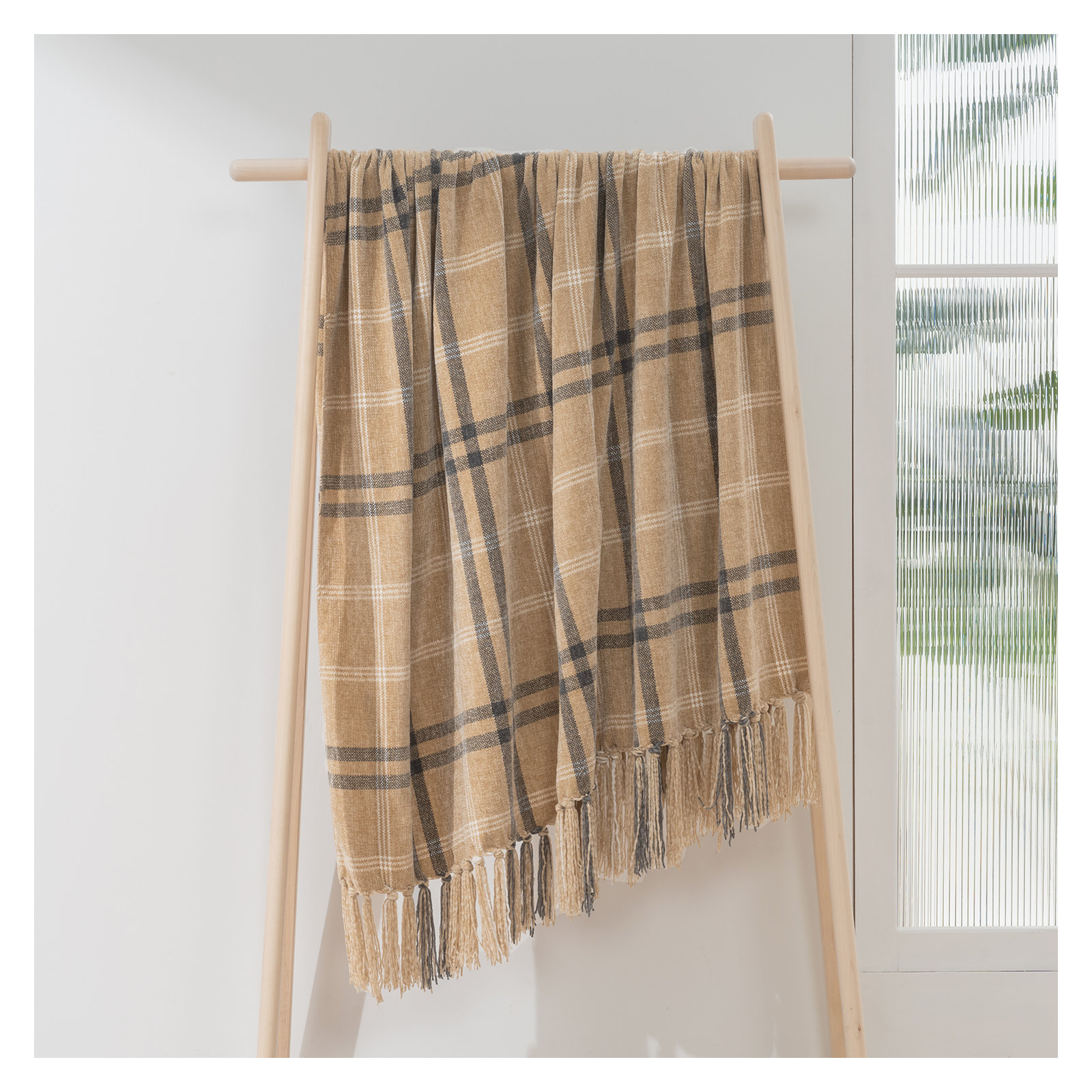 Soft Chenille Throw Blanket, 80" L x 60" W, Khaki/Gray Plaid