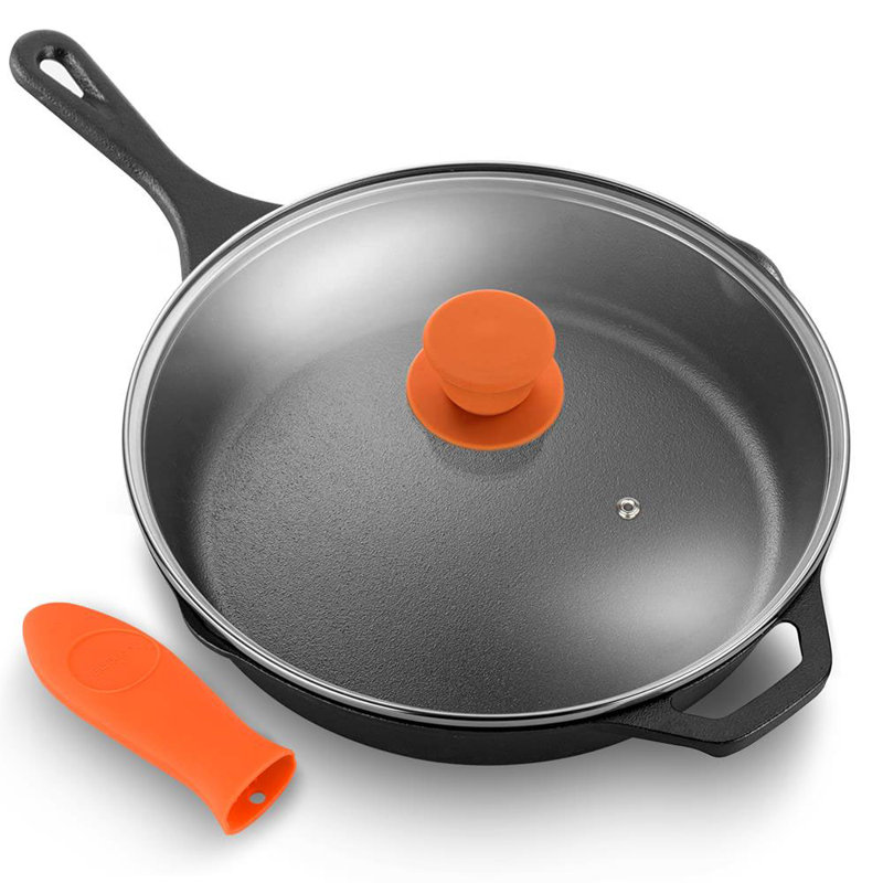 NutriChef 12'' Pre-Seasoned Nonstick Cast Iron Fry Pan with Lid and Silicone Handle