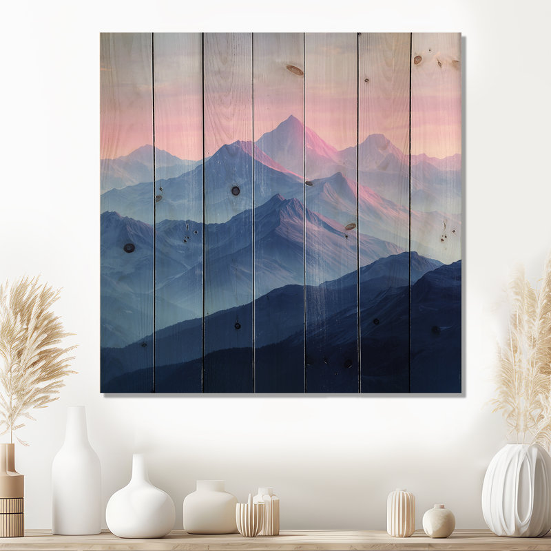 Purple Mountains In The Morning Light I - Landscape Mountains Wood Wall Art - On Natural Pine Wood, 30" H x 30" W x 0.78" D