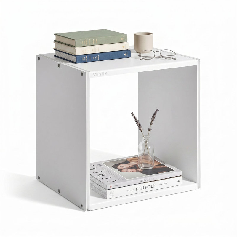 Modern Metal Open Cube Storage Side Table, White