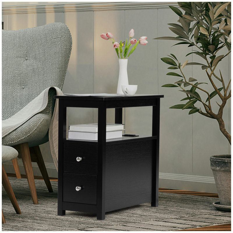 Table de bout avec station de charge, table d'appoint étroite, table de chevet en bois, mobilier de chambre à coucher, noir