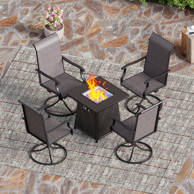 Alyah 5 Piece Table Set Gas Fire Pit Metal Square Table 4 High Back Swivel Rattan Chairs 5-Piece Outdoor Patio Dining Set -  Lark Manorâ¢, BED11BCD25BE403B9A4F2B924CF5ED1A