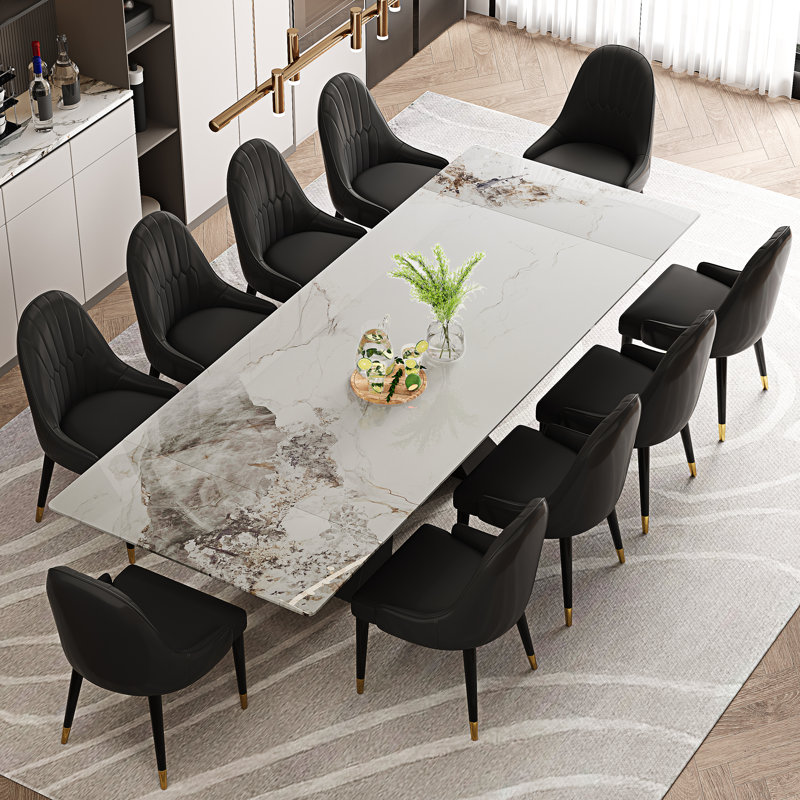 Modern Dining Table Set For 8-10 With 78.7''-110'' Expandable Faux Marble Top 10 PU Leather Dining Chairs, Chanel, Black