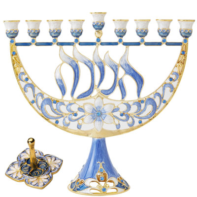 Set Of Menorah And Dreidel - Blue And White Floral Menorah & Hand-Painted Blue Floral Spinning Dreidel Perfect Gift For Hanukkah By Matashi